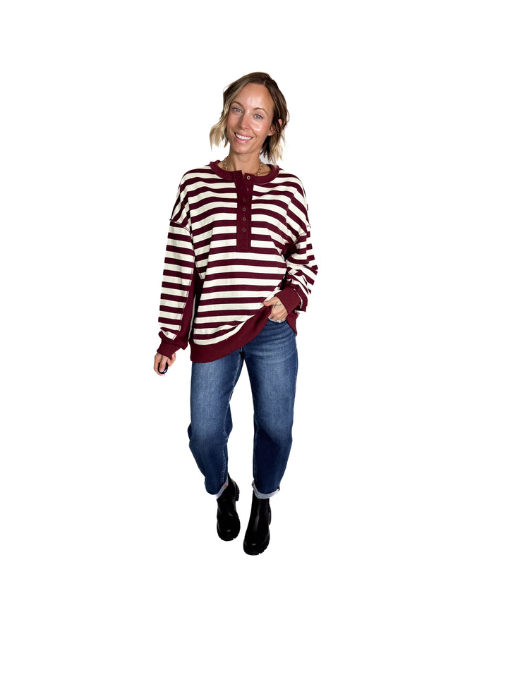 Brook 1/2 Button Pullover- BURGUNDY/CREAM