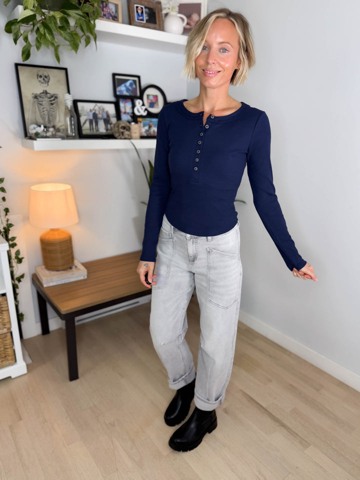 Maison Long Sleeve Ribbed Henley- NAVY