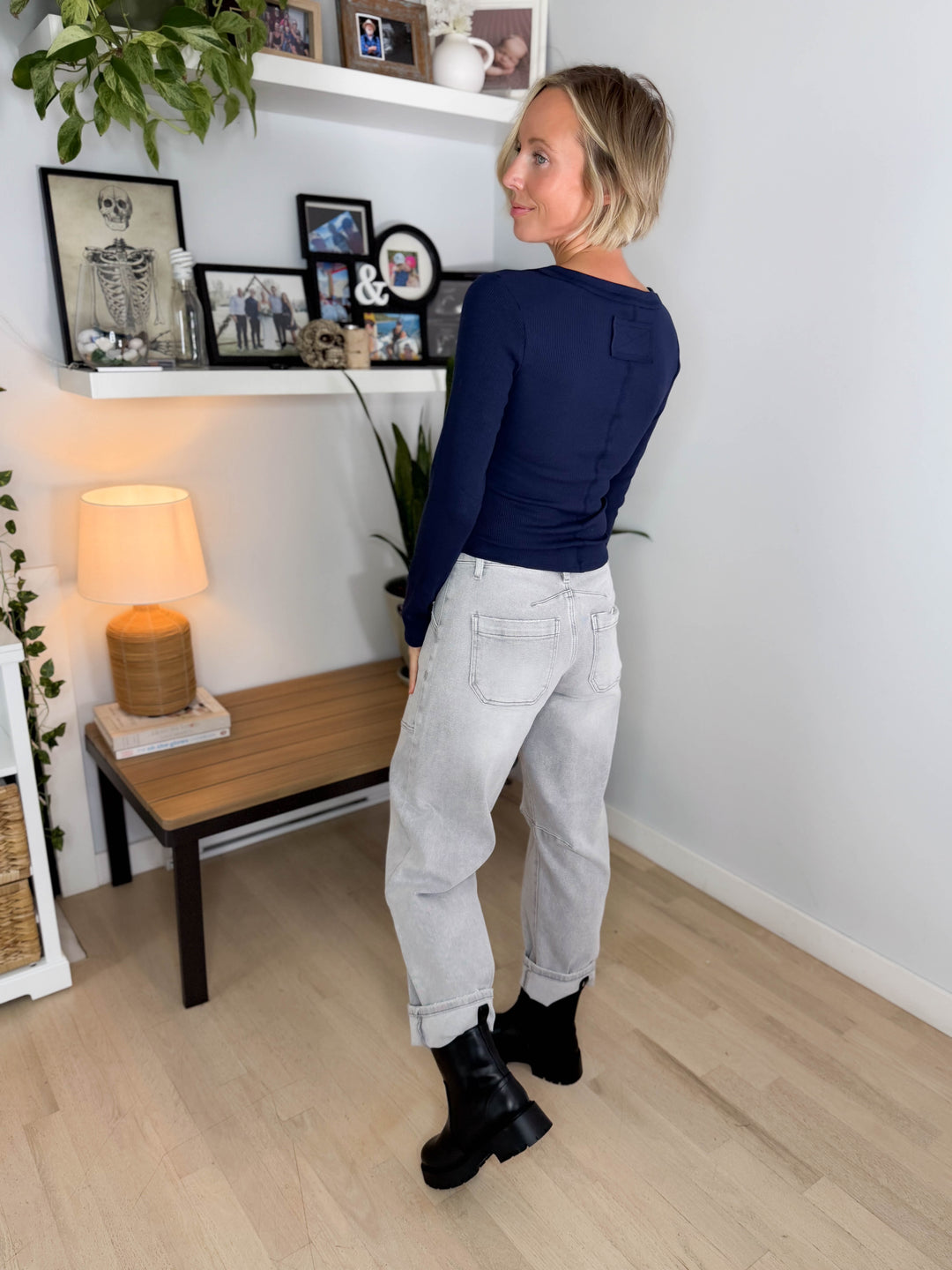 Maison Long Sleeve Ribbed Henley- NAVY