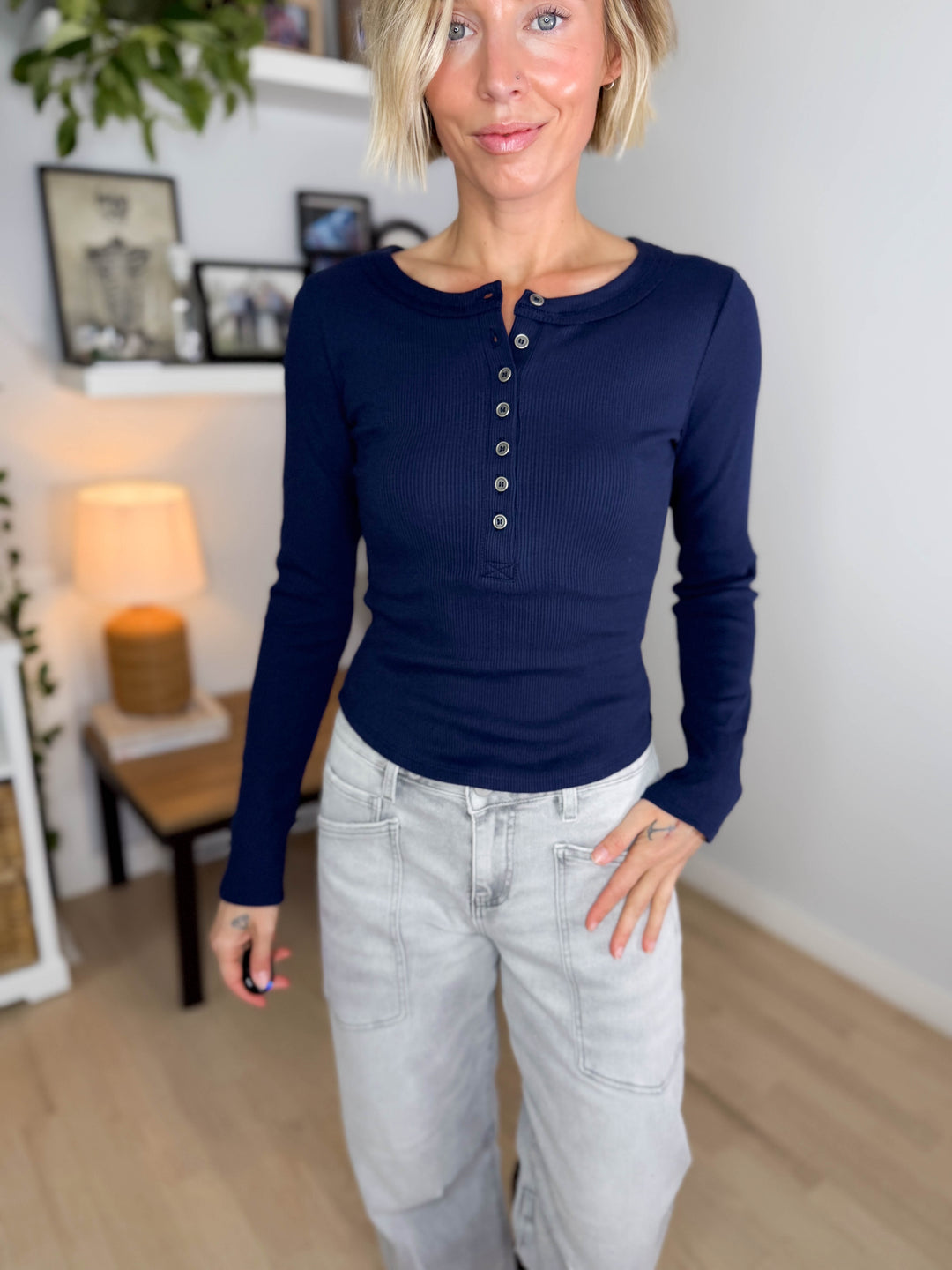 Maison Long Sleeve Ribbed Henley- NAVY