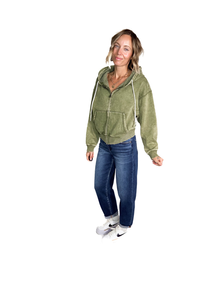 Muse Acid Wash Fleece Zip Up Hoodie- LIGHT OLIVE