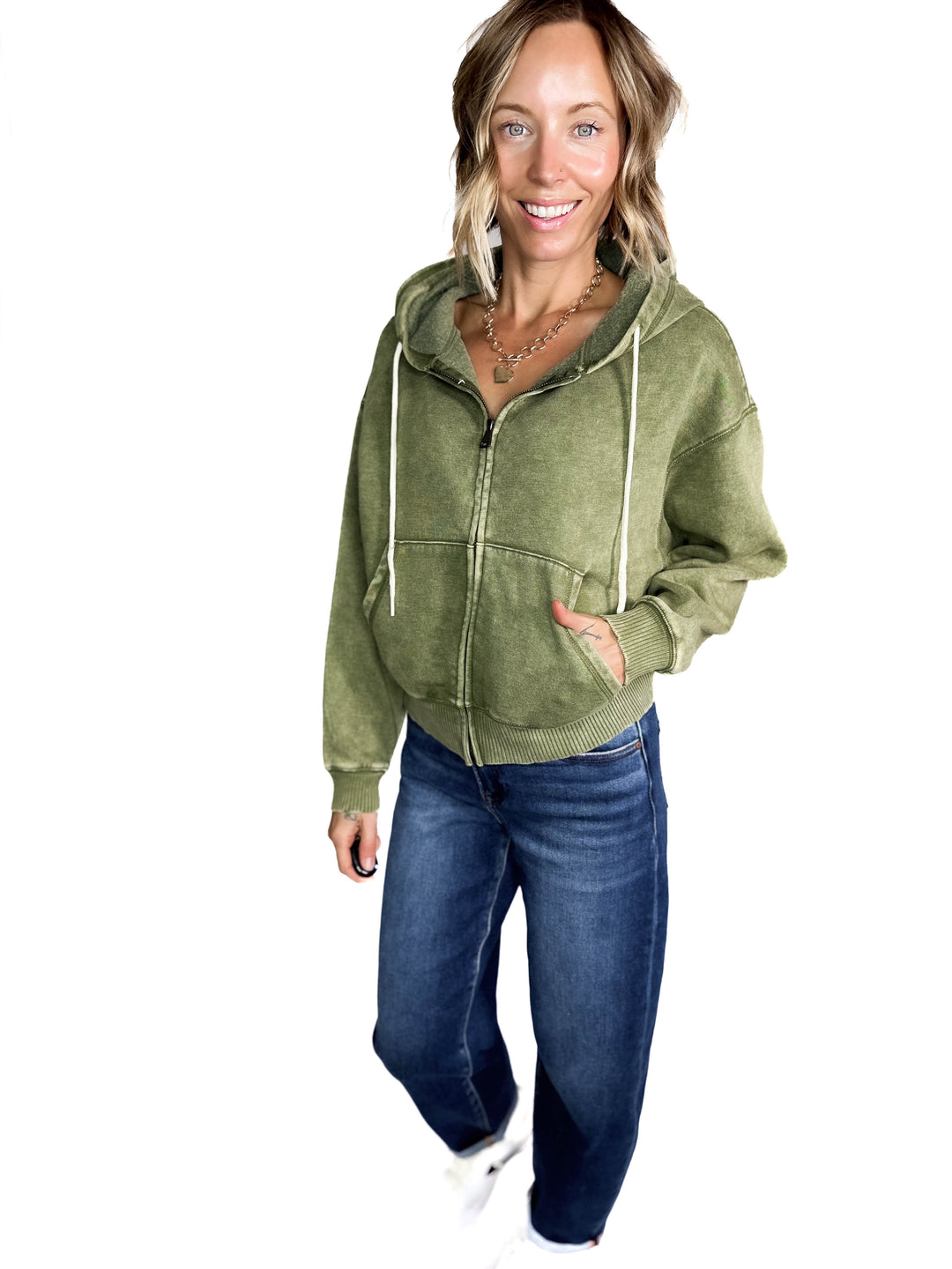 Muse Acid Wash Fleece Zip Up Hoodie- LIGHT OLIVE