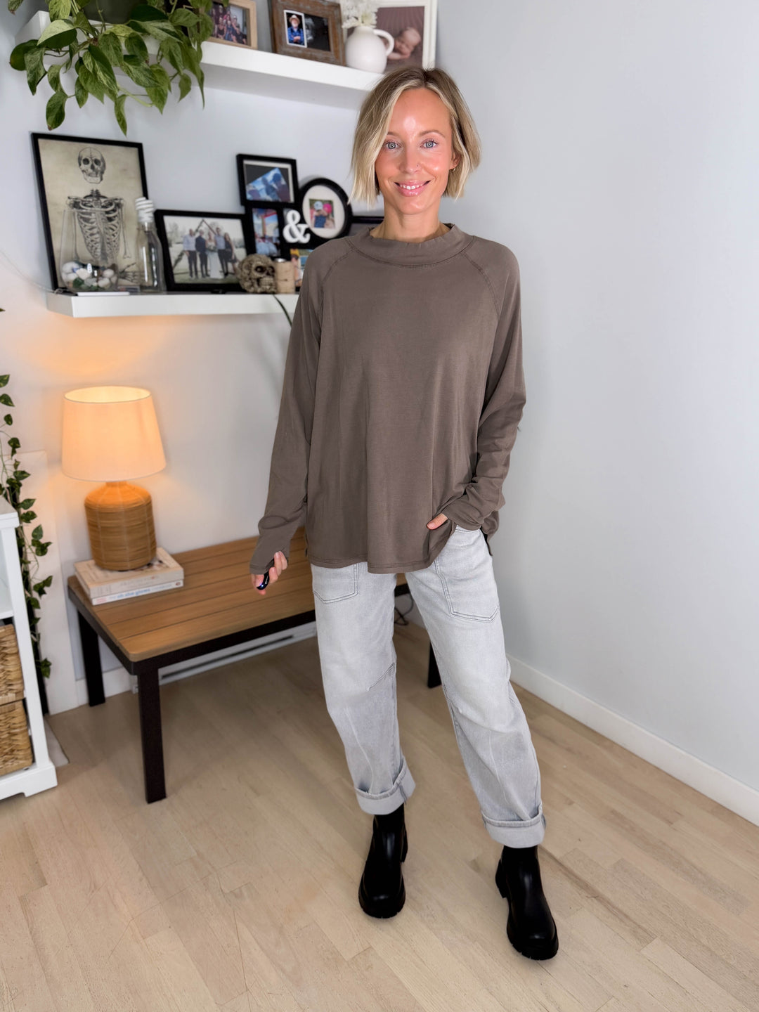 Mono B Scottie Pima Cotton Mockneck Long Sleeve- TRUFFLE