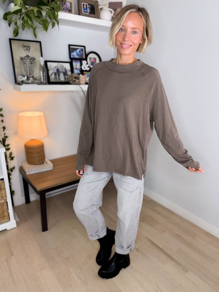 Mono B Scottie Pima Cotton Mockneck Long Sleeve- TRUFFLE