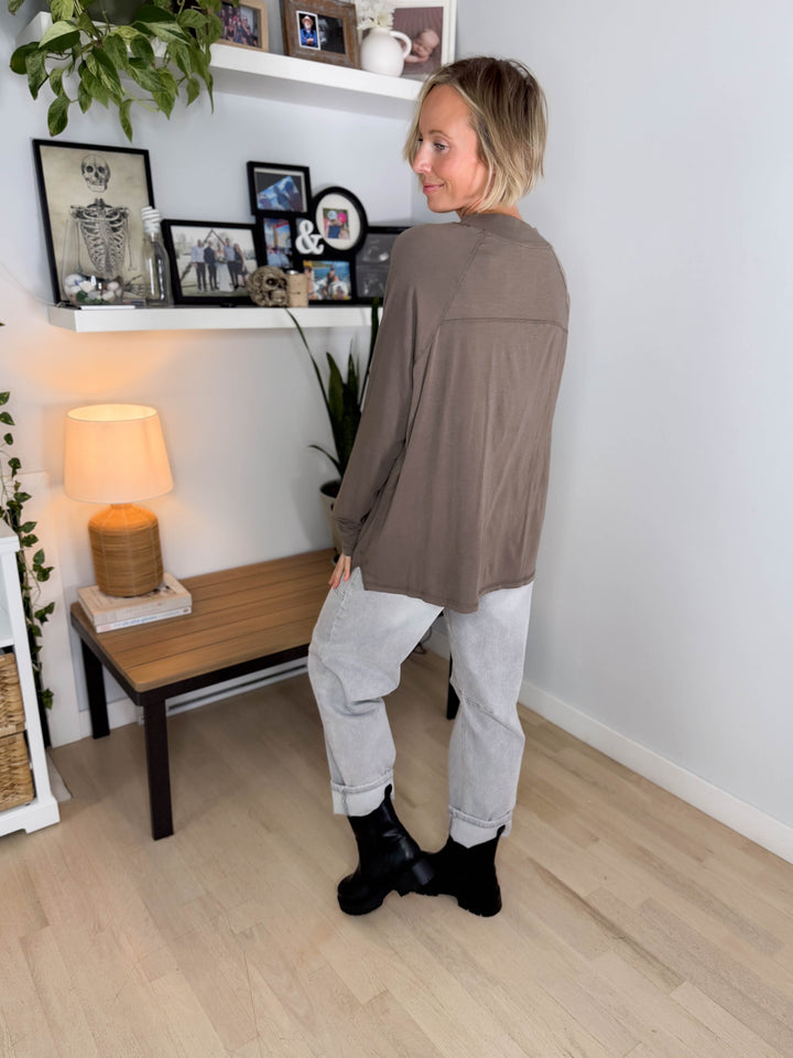 Mono B Scottie Pima Cotton Mockneck Long Sleeve- TRUFFLE