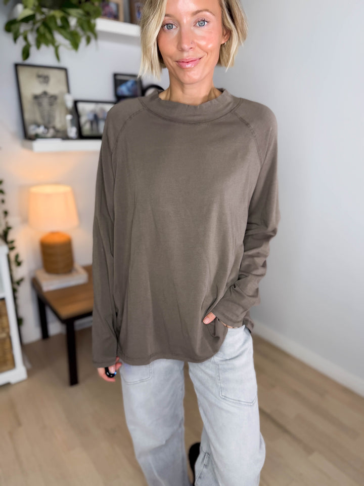 Mono B Scottie Pima Cotton Mockneck Long Sleeve- TRUFFLE