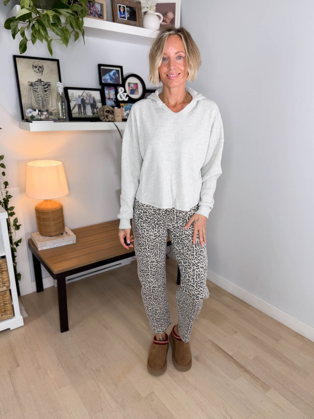 Adelaine Waffle Knit Hooded Pullover- HEATHER GREY