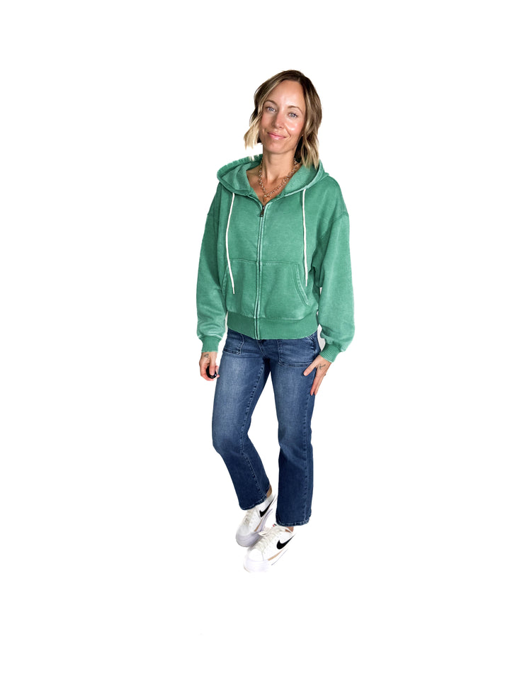 Muse Acid Wash Fleece Zip Up Hoodie- GREEN