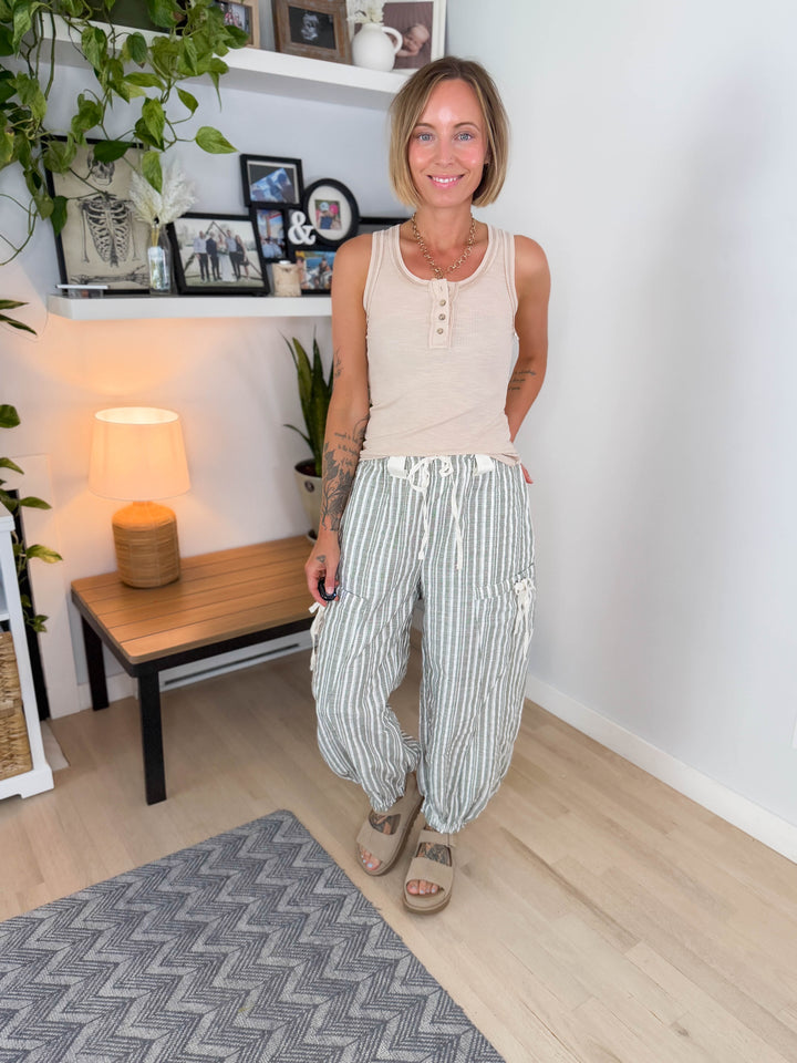 Paradise Palm Linen Blend Harem Jogger- DRY HERB