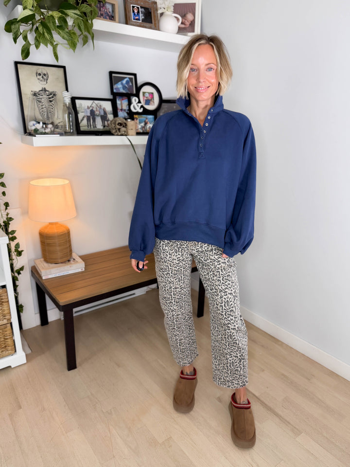 Ivory Fleece Snap Button Pullover- NAVY