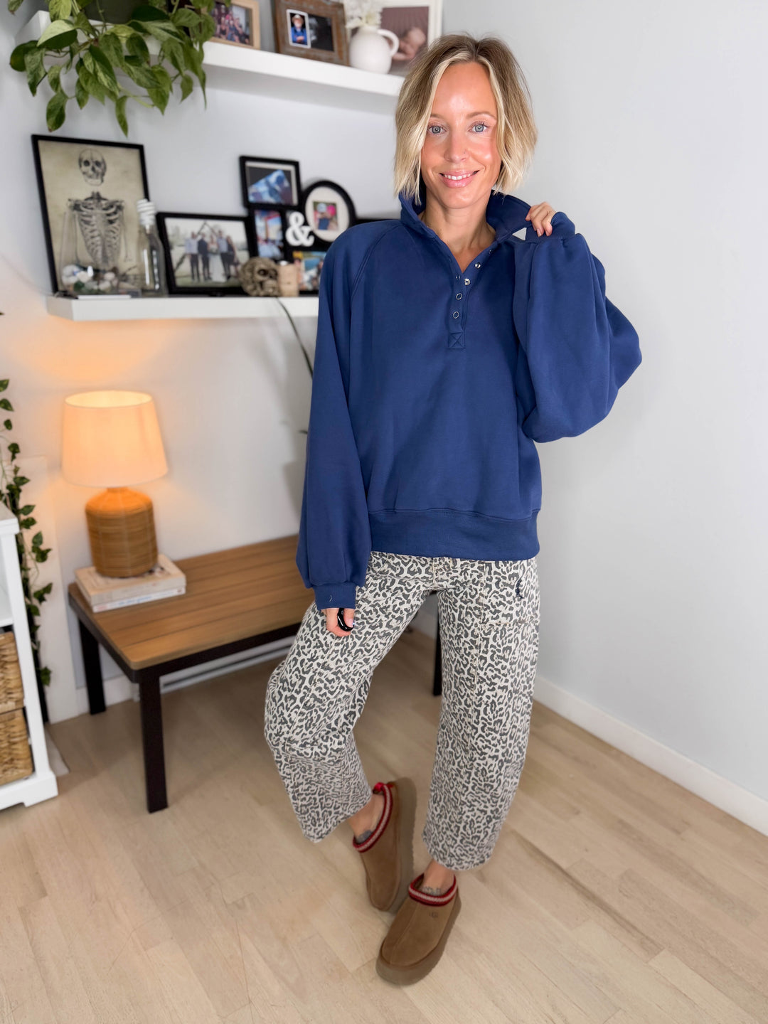 Ivory Fleece Snap Button Pullover- NAVY