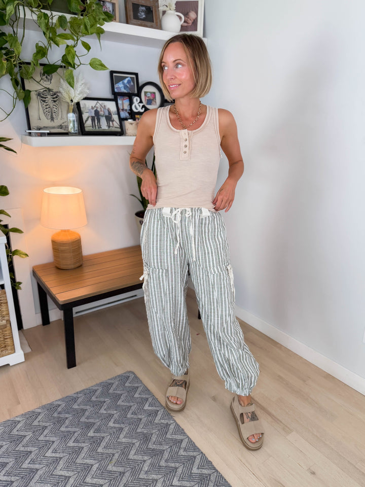 Paradise Palm Linen Blend Harem Jogger- DRY HERB