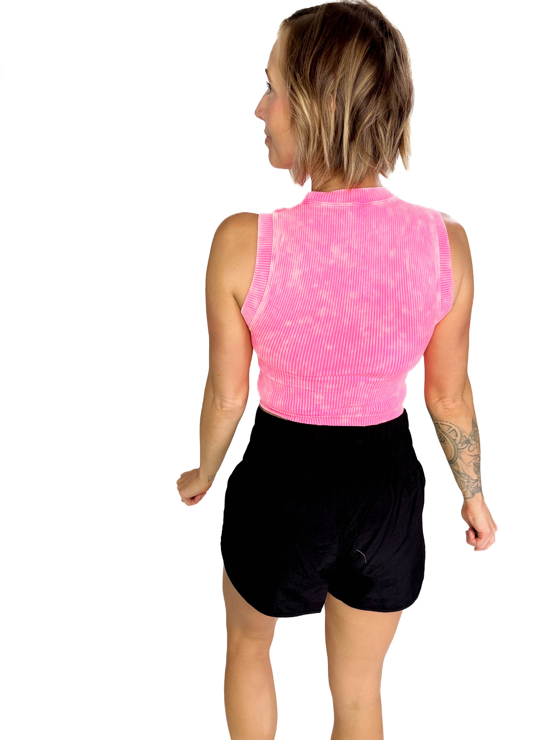 Lia Stone Washed Ribbed Seamless Crop Top- NEON CORAL FUSCHIA-FINAL SALE