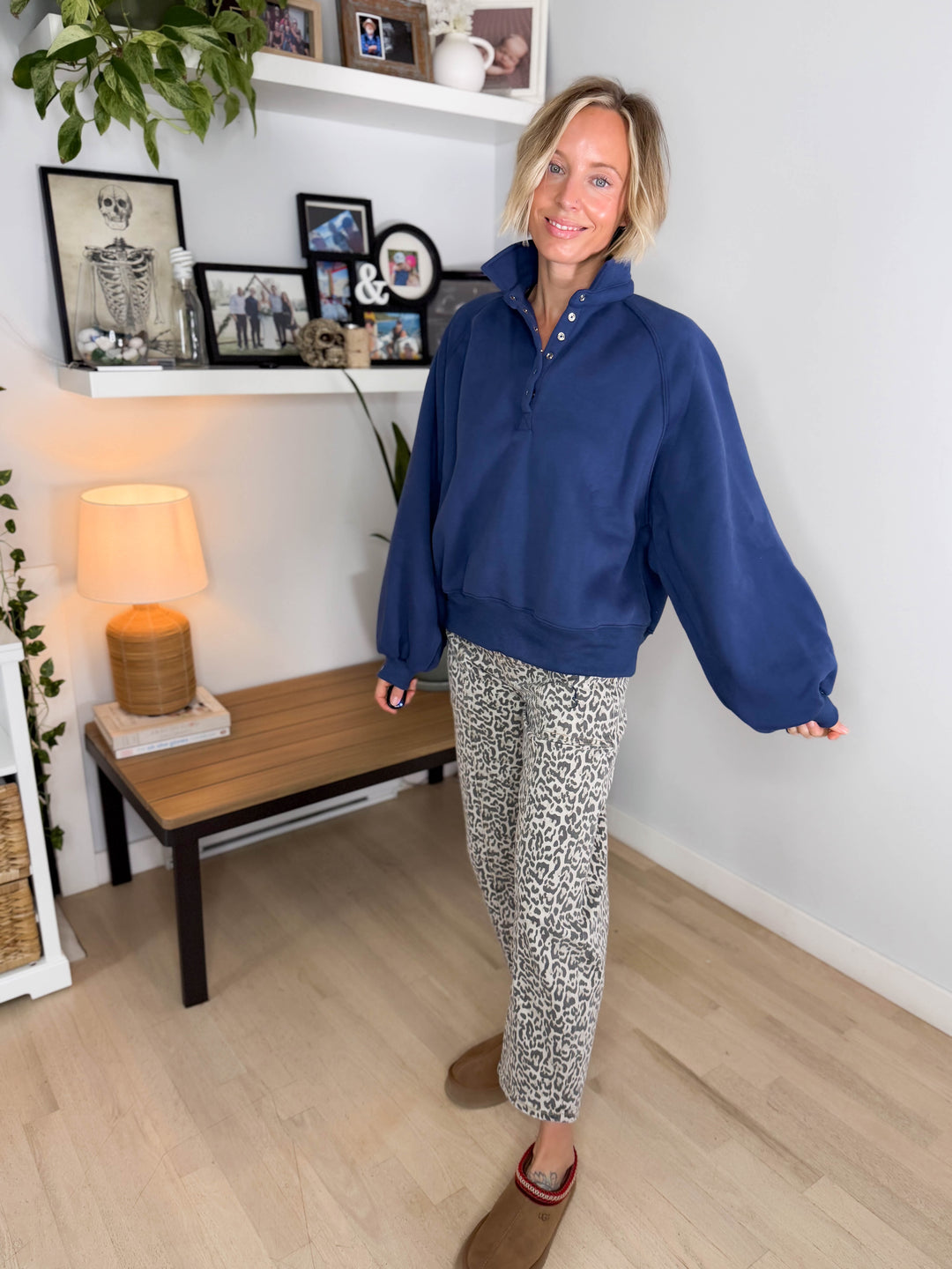 Ivory Fleece Snap Button Pullover- NAVY