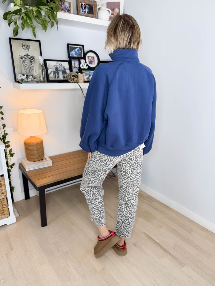 Ivory Fleece Snap Button Pullover- NAVY