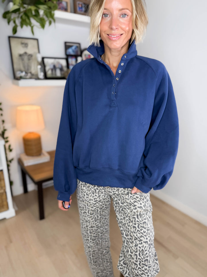 Ivory Fleece Snap Button Pullover- NAVY