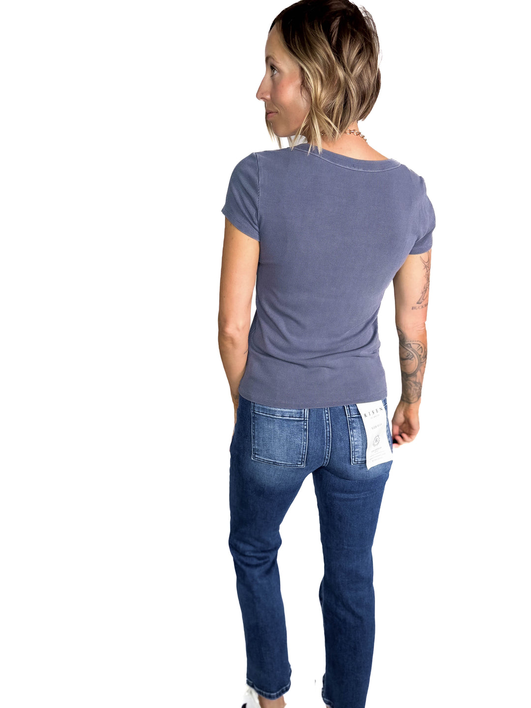 Khendra Scoop Neck Ribbed Tee- CHARCOAL BLUE