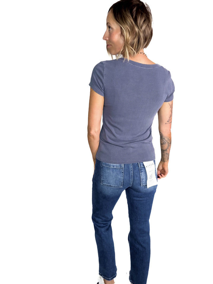 Khendra Scoop Neck Ribbed Tee- CHARCOAL BLUE