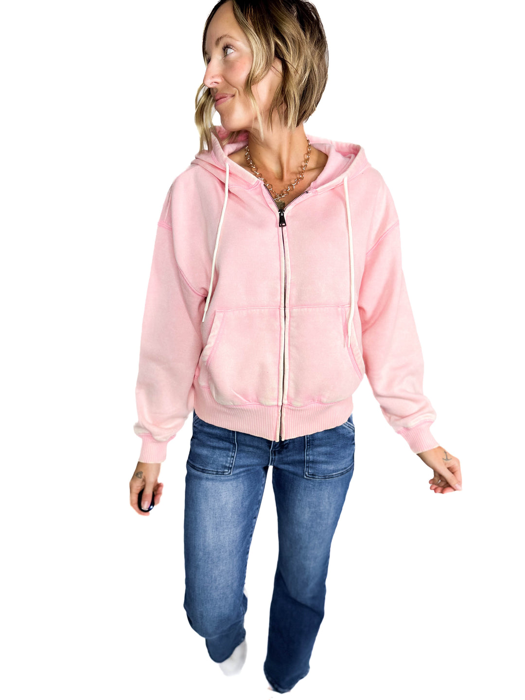 Muse Acid Wash Fleece Zip Up Hoodie- PINK