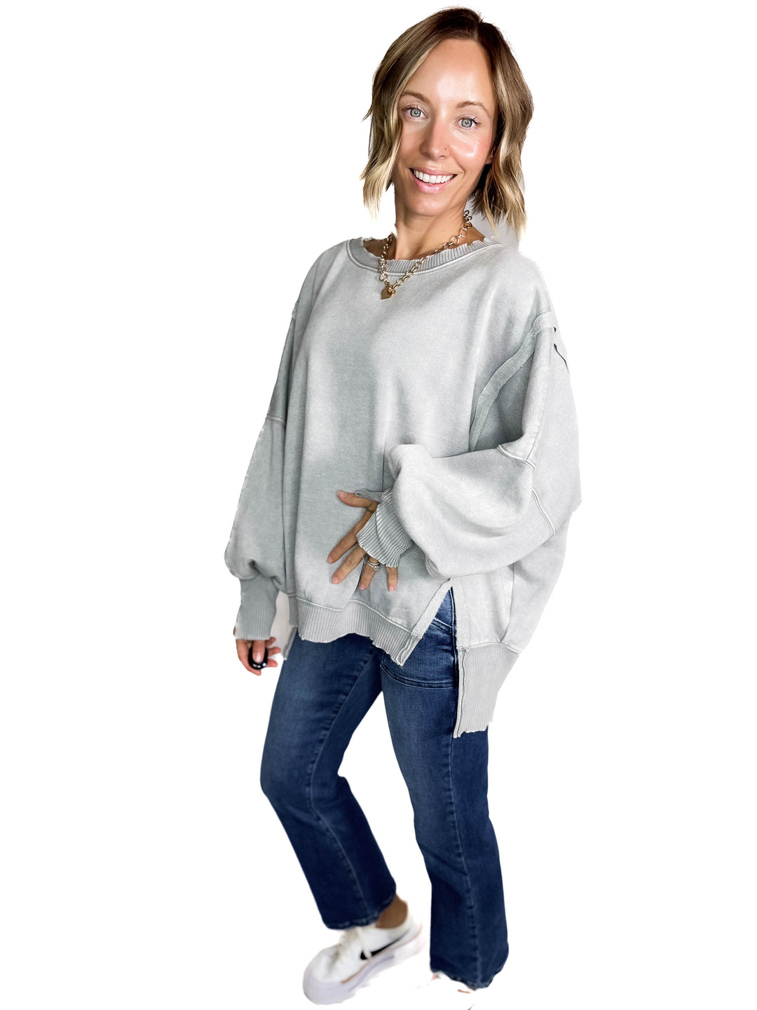 Mellow Acid Wash Fleece Sweatshirt- SLEET