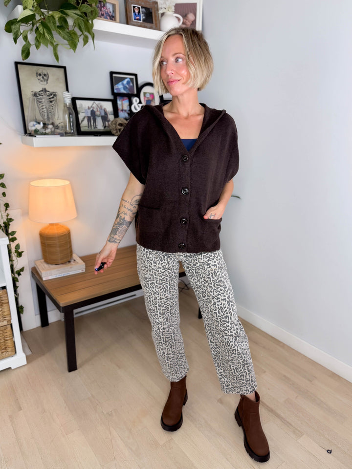 Oura Short Sleeve Button Down Hoodie Cardigan- CHOCOLATE