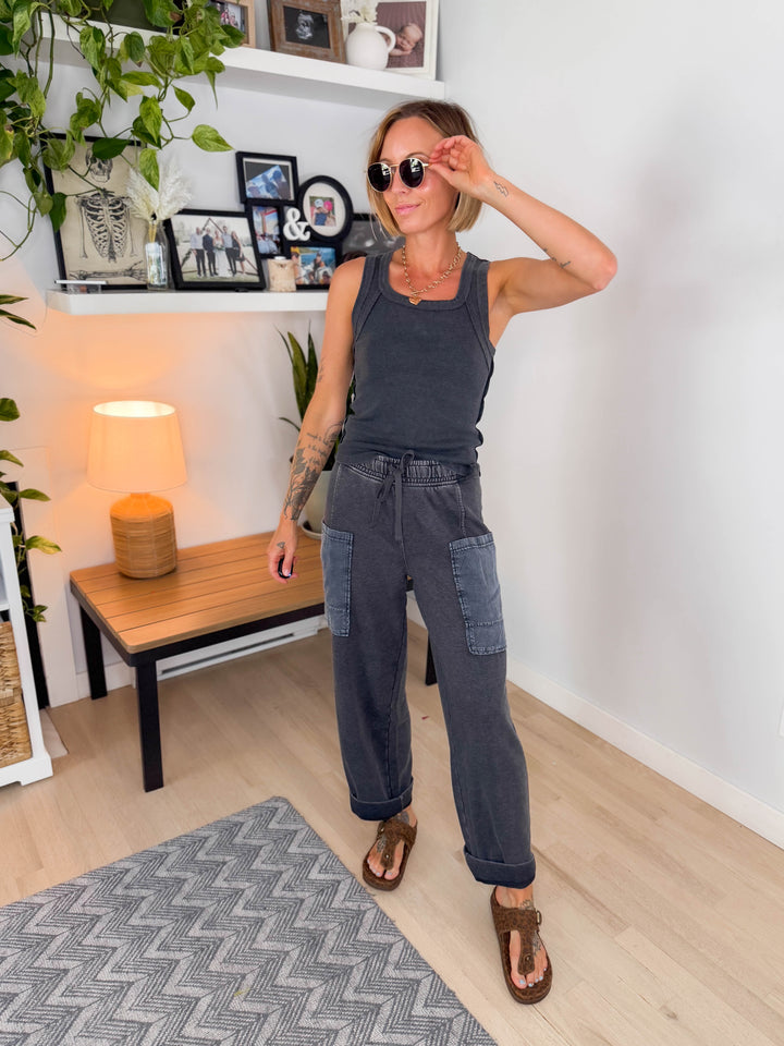 Sunlit Shore French Terry Top & Pant Set- WASHED BLACK