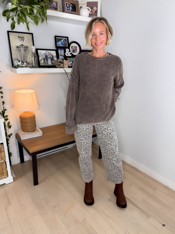 Melody Washed Cotton Ribbed Sweater- DARK BROWN