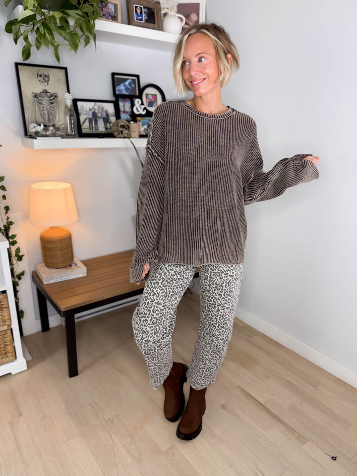 Melody Washed Cotton Ribbed Sweater- DARK BROWN