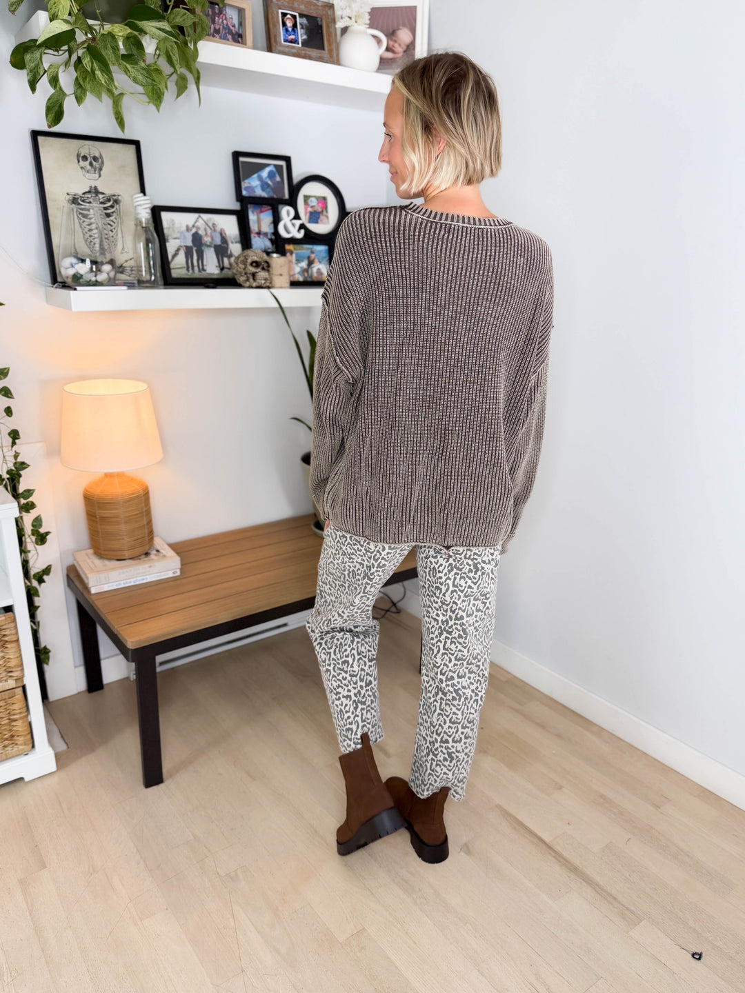 Melody Washed Cotton Ribbed Sweater- DARK BROWN