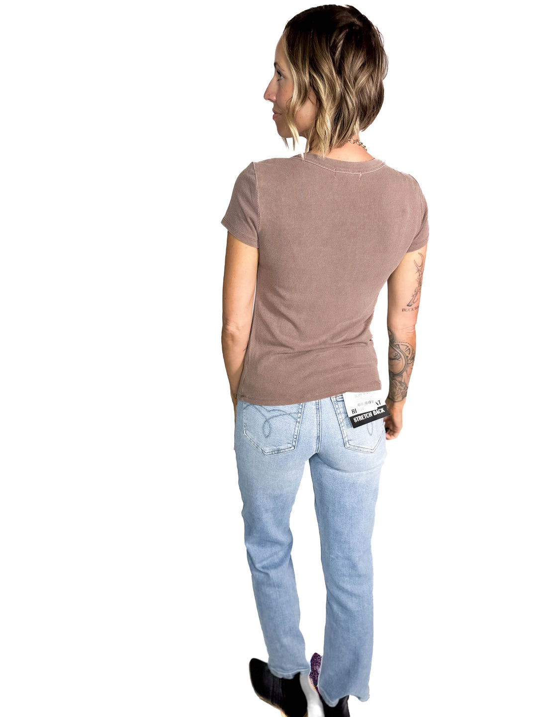 Khendra Scoop Neck Ribbed Tee- MILK CHOCOLATE