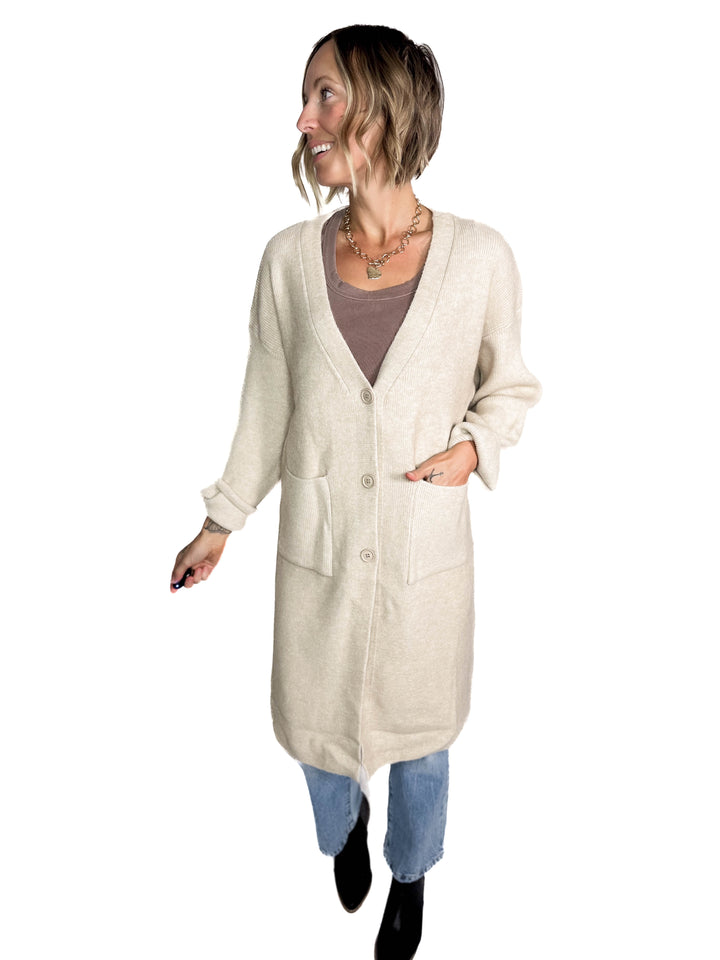Everly Long Line Button Cardigan- BEIGE