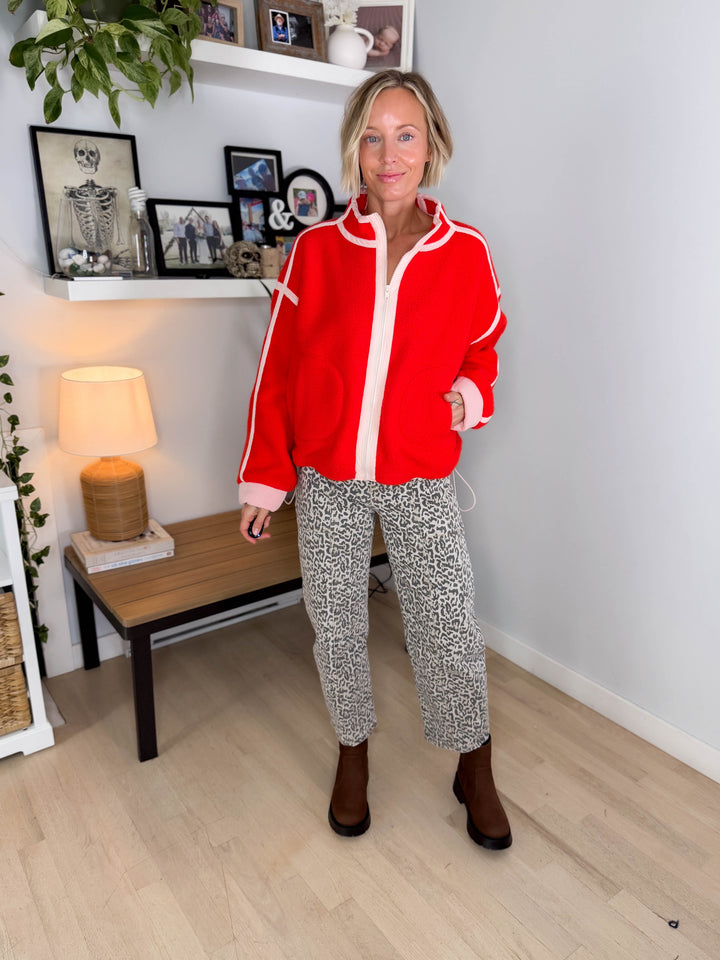 Christina Full Zip Sherpa Fleece Jacket- CARROT RED