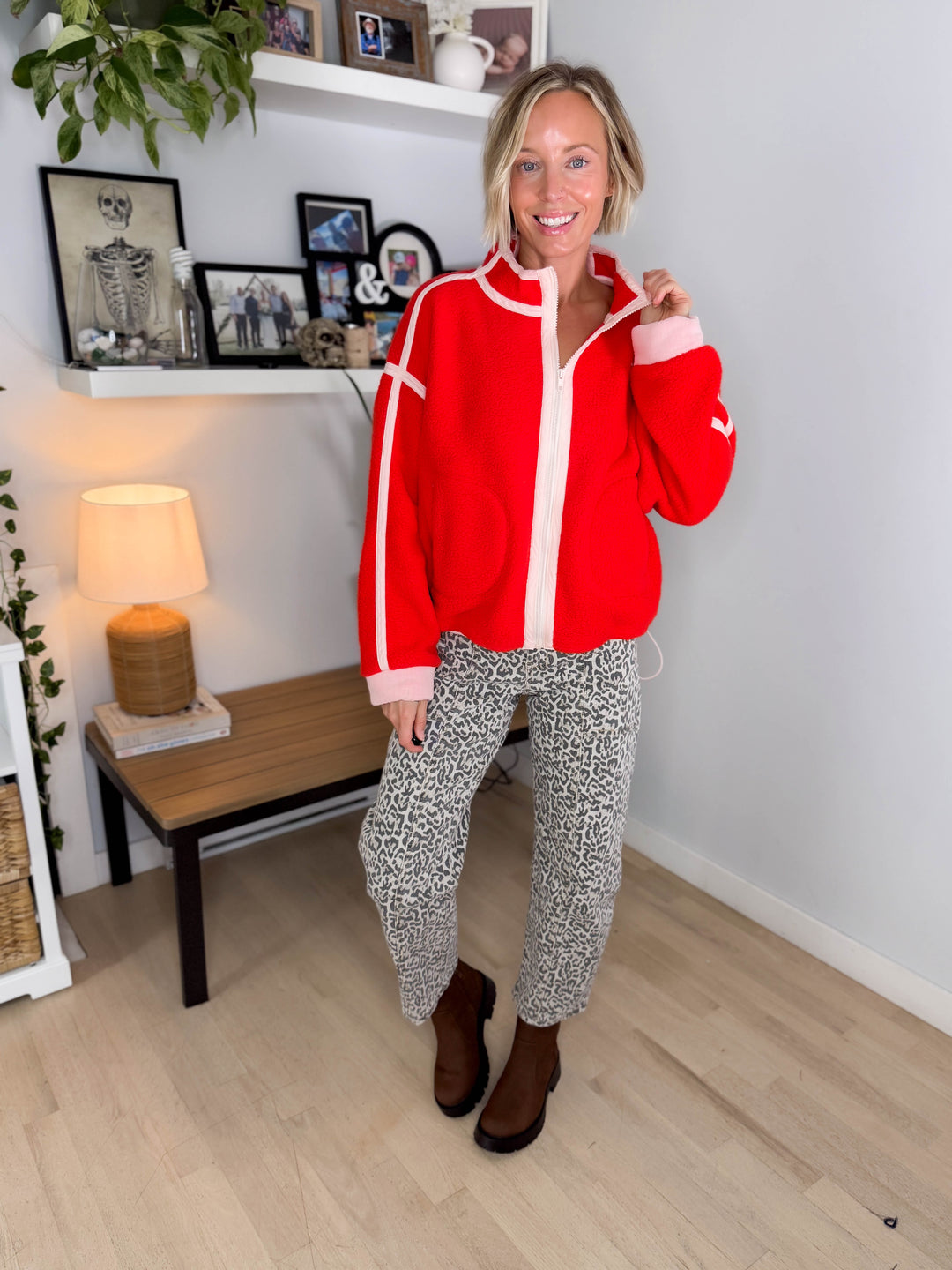 Christina Full Zip Sherpa Fleece Jacket- CARROT RED