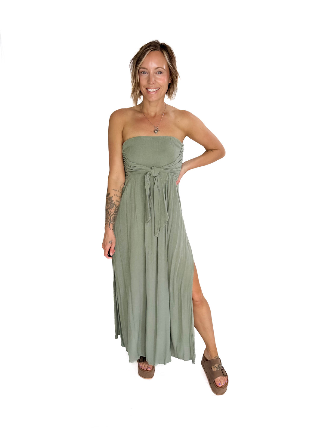 Liliana Washed Smocked Tube Dress- DARK SAGE-FINAL SALE