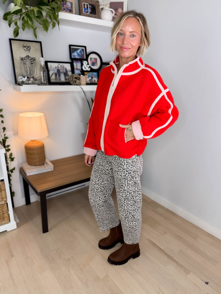 Christina Full Zip Sherpa Fleece Jacket- CARROT RED