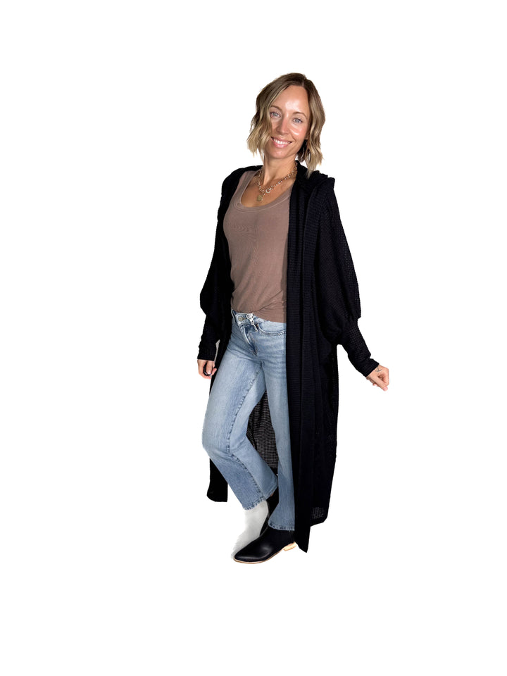 Myah Waffle Duster Cardigan-BLACK