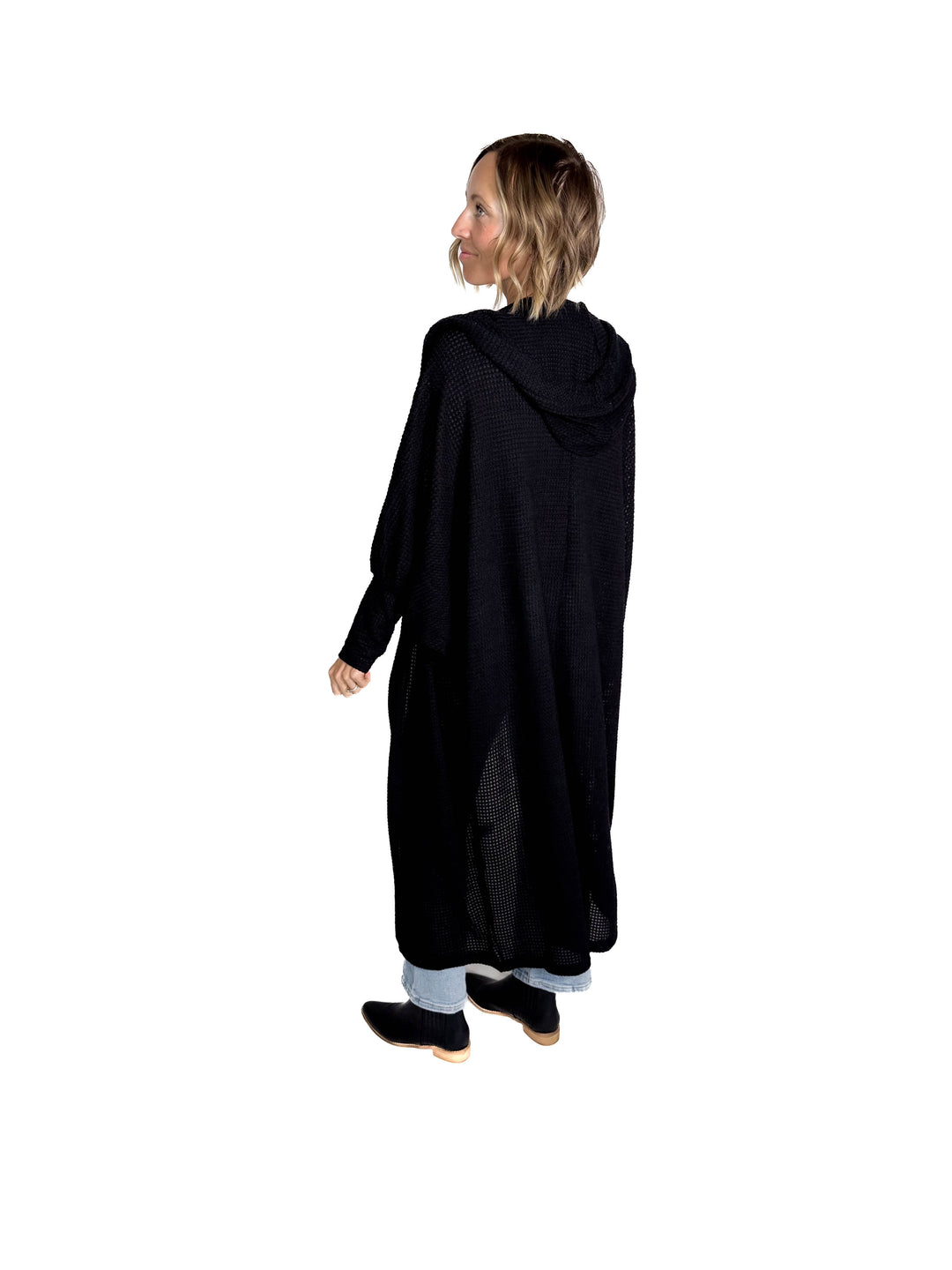 Myah Waffle Duster Cardigan-BLACK