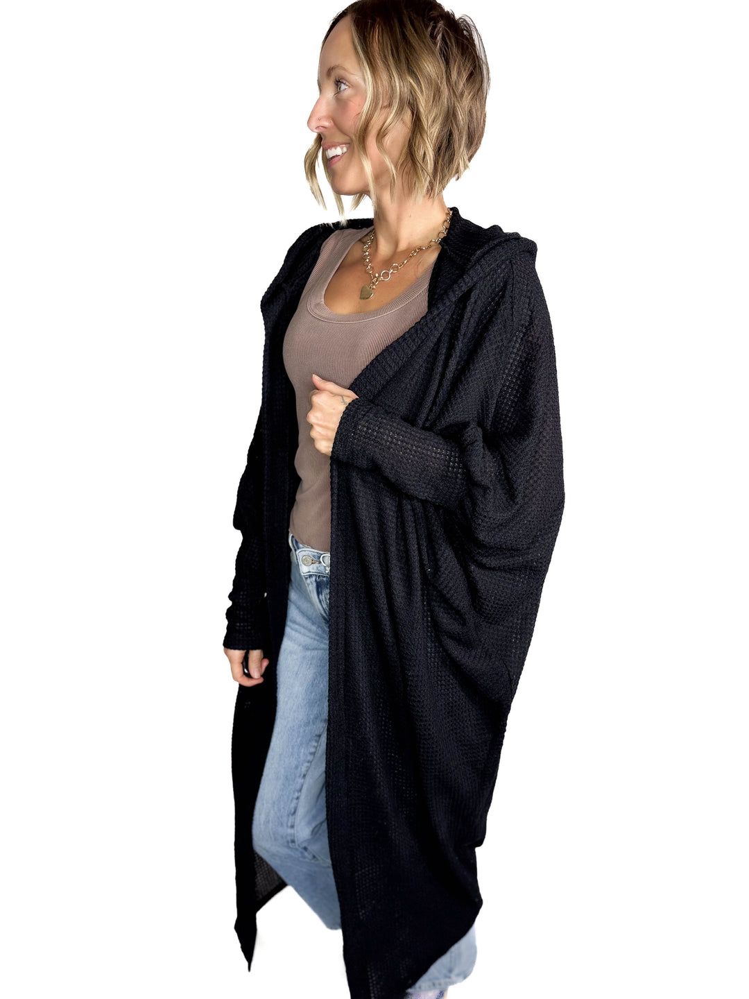 Myah Waffle Duster Cardigan-BLACK