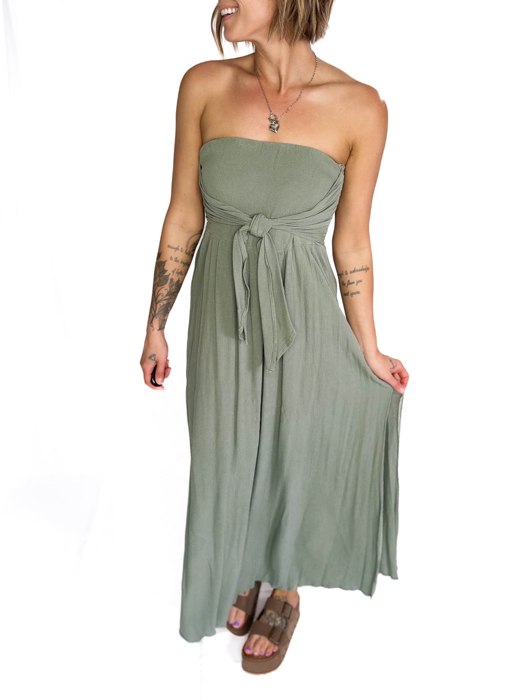 Liliana Washed Smocked Tube Dress- DARK SAGE-FINAL SALE