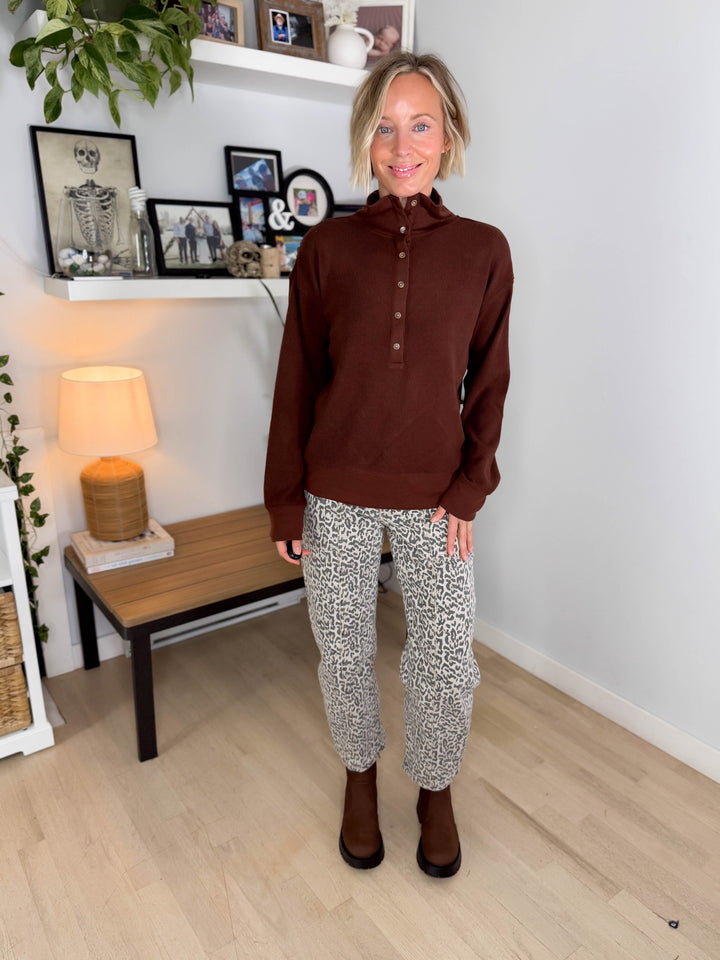 THREAD & SUPPLY Chrishell Waffle Pullover- DEEP MAHOGANY