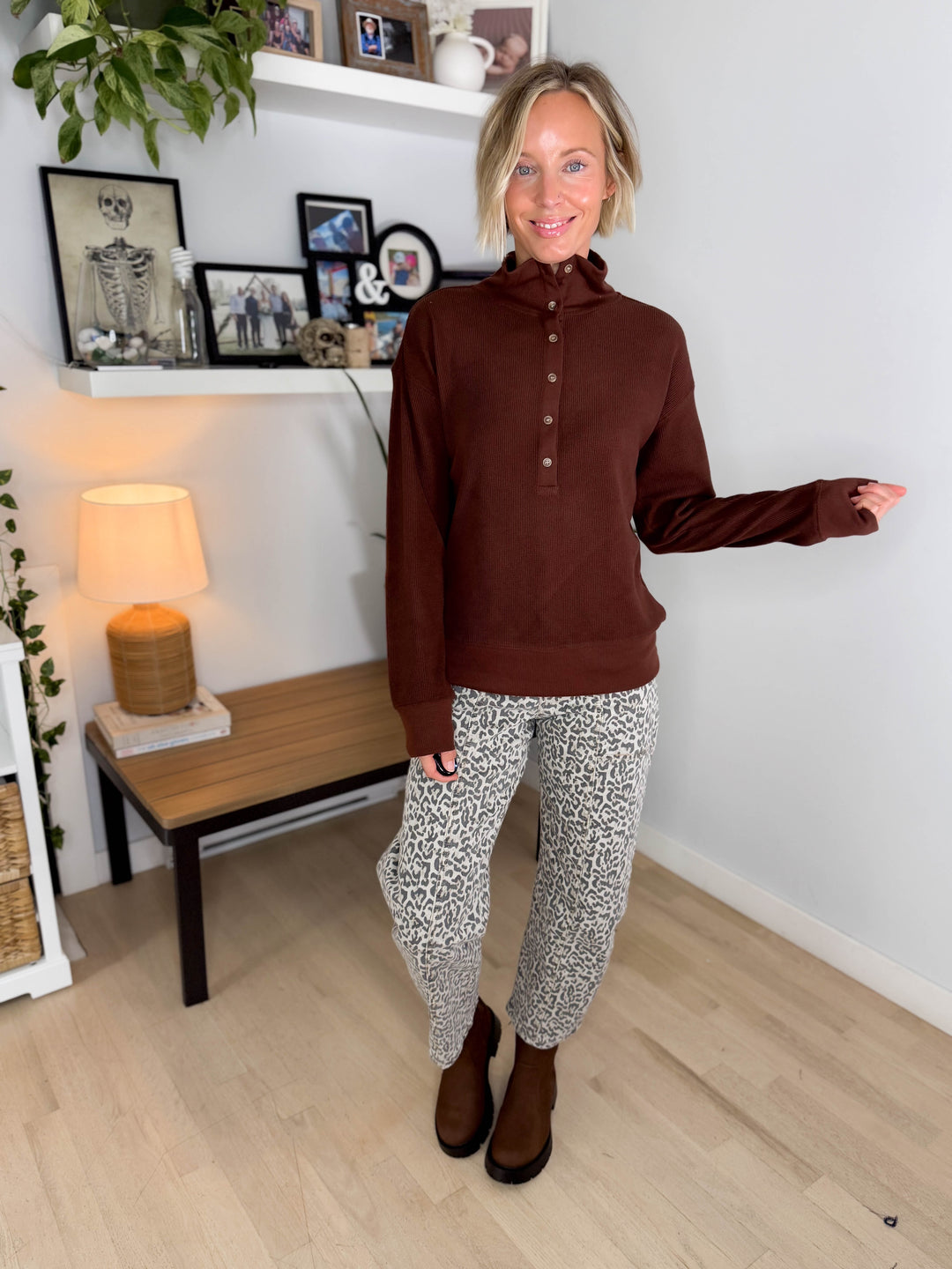 THREAD & SUPPLY Chrishell Waffle Pullover- DEEP MAHOGANY