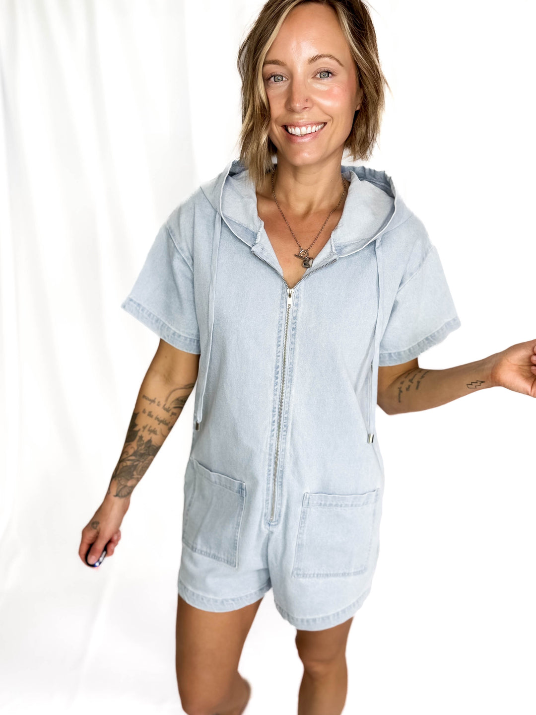 Shaya Denim Zip Up Romper With Hoodie- DENIM-FINAL SALE