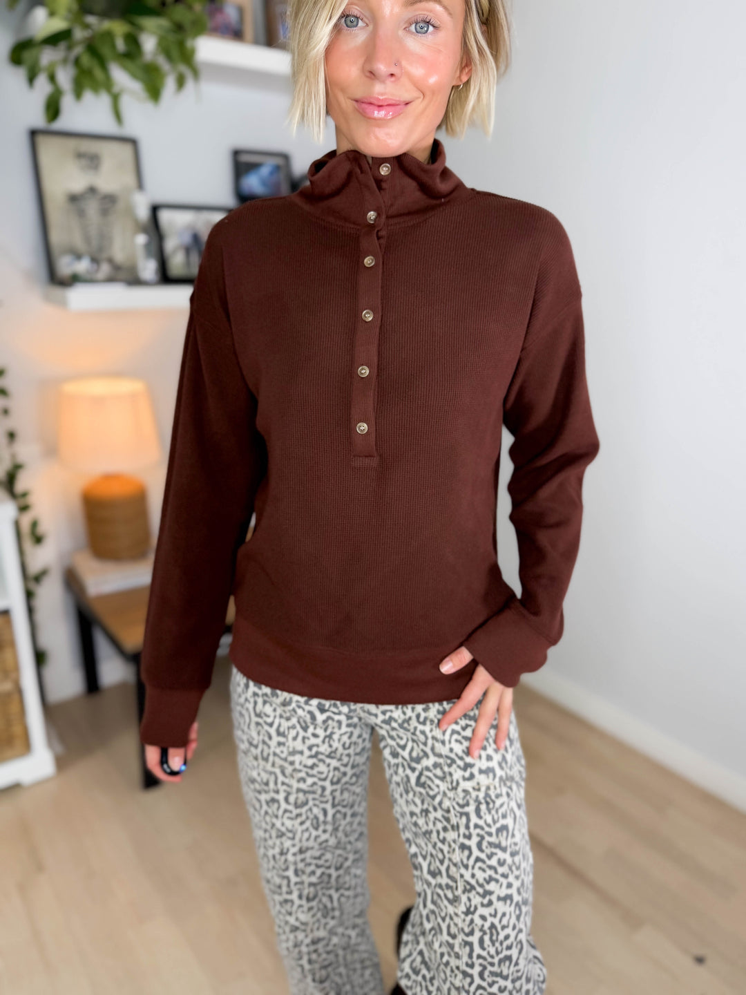 THREAD & SUPPLY Chrishell Waffle Pullover- DEEP MAHOGANY