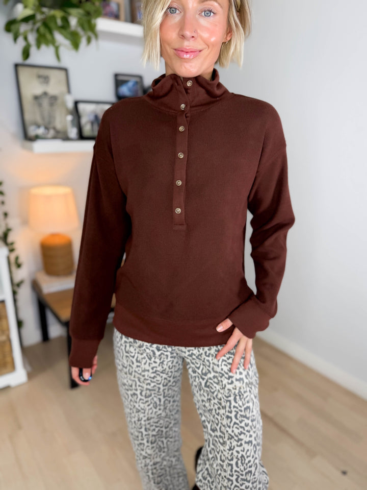 THREAD & SUPPLY Chrishell Waffle Pullover- DEEP MAHOGANY