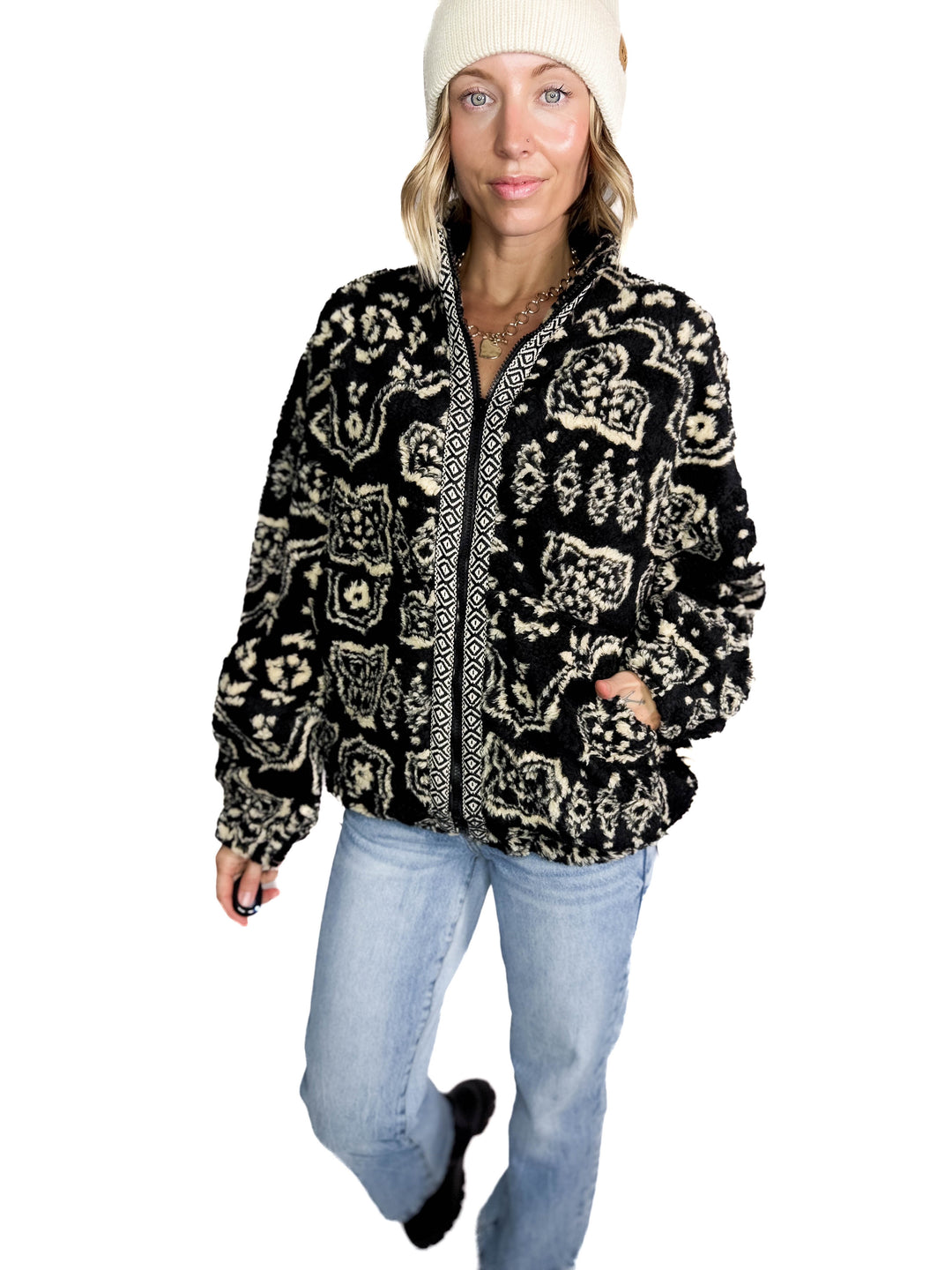 Hailey Oversized Boho Print Sherpa- BLACK MULTI