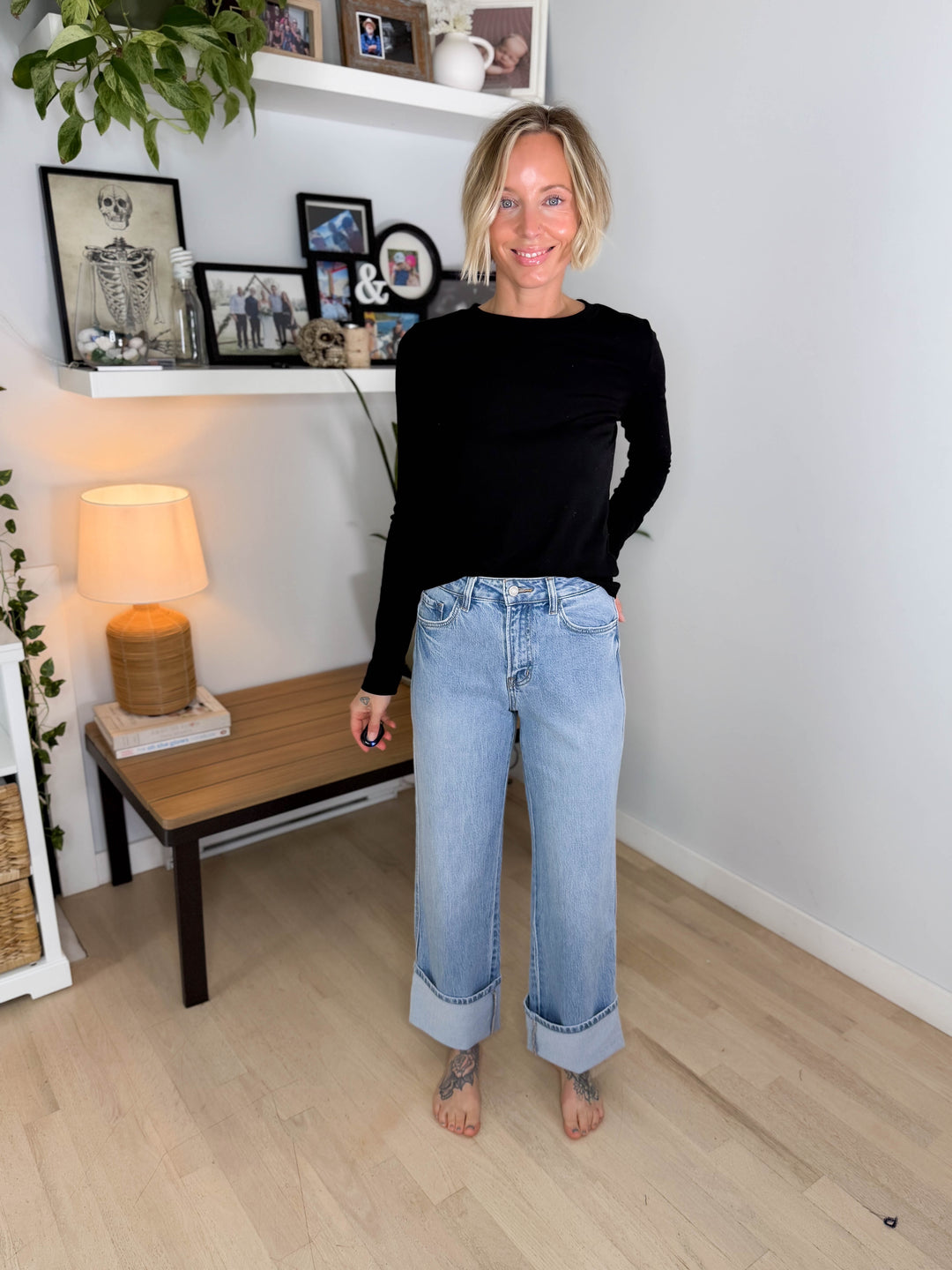 Vervet Ally High Rise Cuffed Baggy Jean- LIGHT WASH