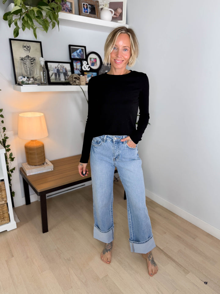 Vervet Ally High Rise Cuffed Baggy Jean- LIGHT WASH