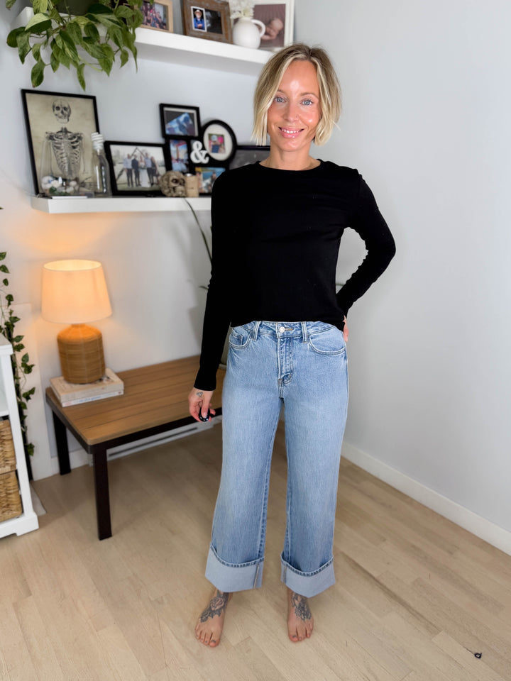 Vervet Ally High Rise Cuffed Baggy Jean- LIGHT WASH