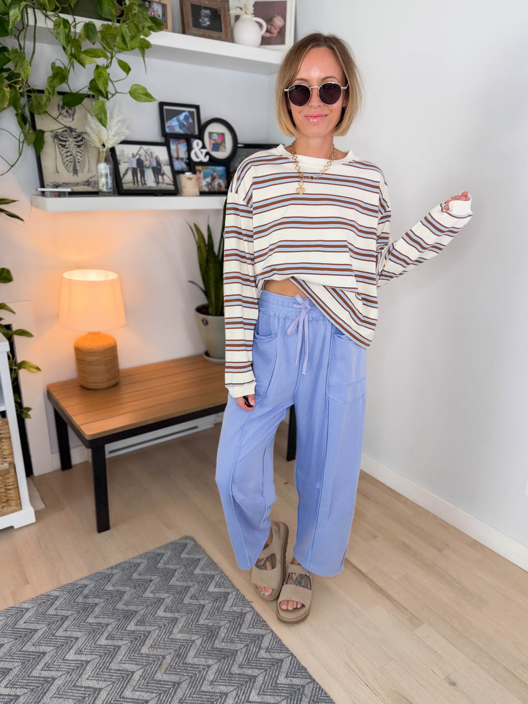 Daisee Stripe Cotton Crewneck- BLUE CAMEL