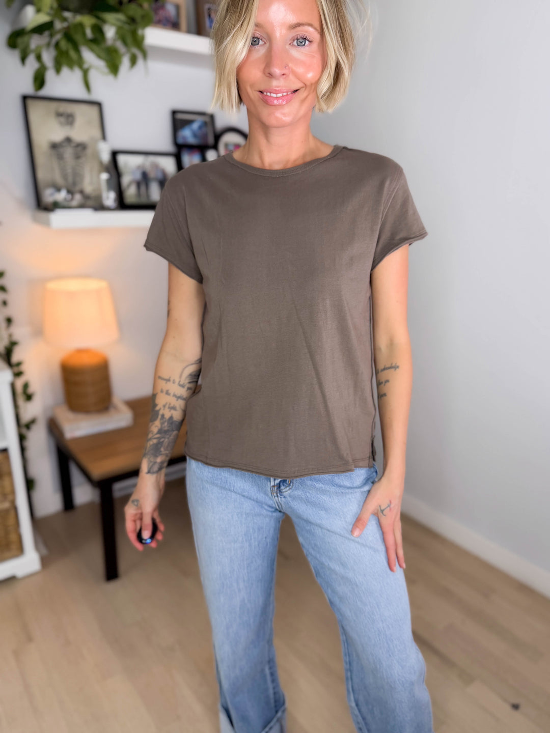 Mono B Scottie Pima Cotton Cap Sleeve T Shirt - TRUFFLE